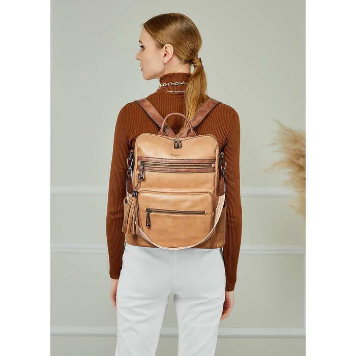 Шкіряний рюкзак-трансформер для жінок Shrrie: стильний рюкзак, сумка через плече, рюкзак для подорожей (бежевий/коричневий)