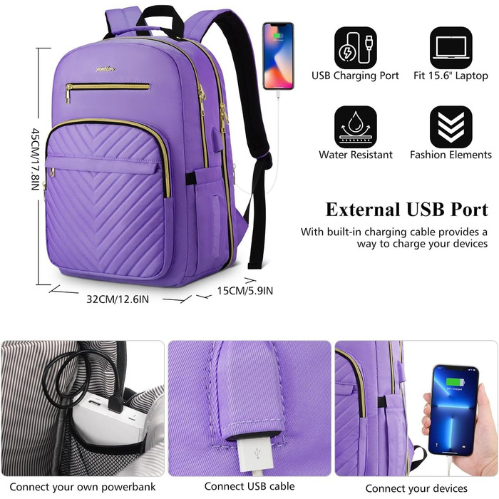 Жіночий рюкзак YAMTION: для школи, роботи, університету. USB-порт, відділення для ноутбука 15.6 дюймів, світло-зелений/світло-фіолетовий