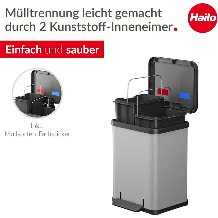 Подвійний сміттєвий відер Hailo Öko duo Plus M, 2 x 9 л, сталевий роздільник сміття з кришкою soft close для кухні, сріблястий