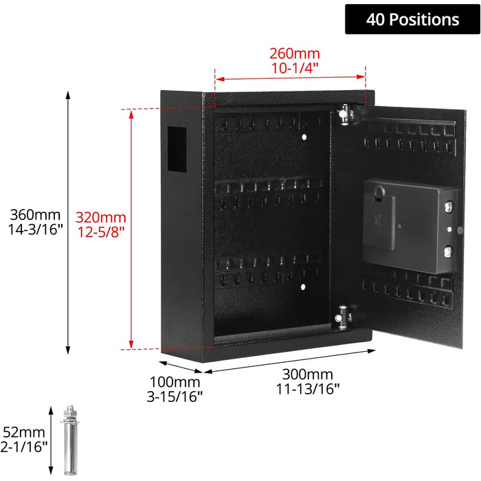 Шлюз для ключів QWORK® з електронним замком, 40 гачків, 36 x 30 x 10 см, сталева конструкція, висока безпека