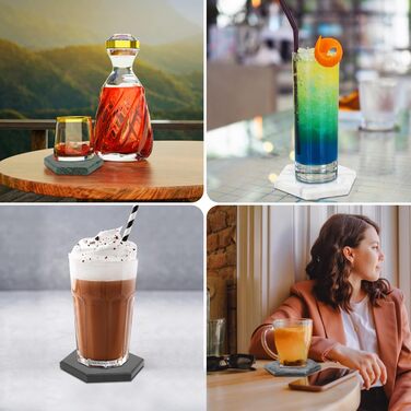 Marble Coasters for Drinks with Metal Stand for High-End Lifestyle (Set of 6) (Hexagonal, Emerald Green)