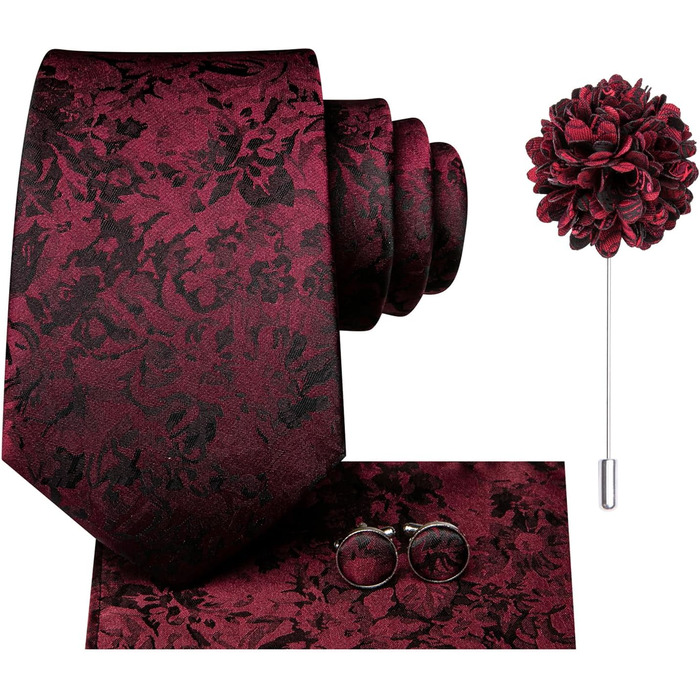 Набір краваток для чоловіків Hi-Tie: краватка, нагрудна хустинка, шпильки для краватки, запонки, формальний шовк, весілля, вечірка (чорний/червоний квітковий принт)