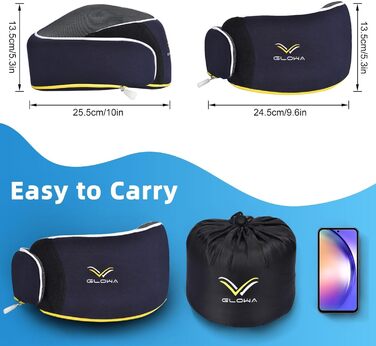 Подушка для шиї ComfoArray Glowa, для подорожей, авто та літака, 2023, широка регульована зона, покращена підтримка голови, темно-синій