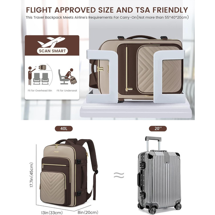 LOVEVOOK Рюкзак для ручної поклажі, 40L, рюкзак для жінок, водонепроникний, відділення для ноутбука 17 дюймів, для подорожей, роботи, хайкінгу, оливково-зелений/бежевий