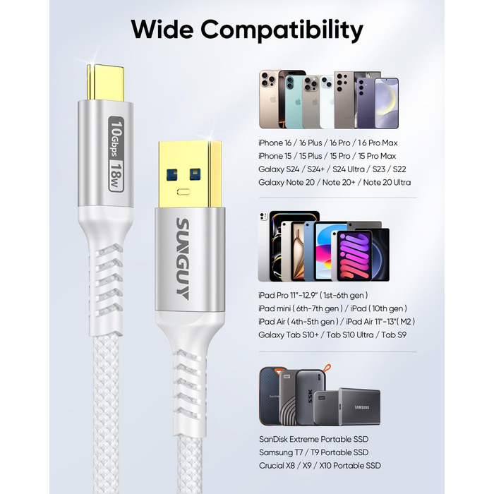 Кабель USB-C SUNGUY, 30 см, USB 3.0 Gen 2, 10 Гбіт/с, для iPhone, Galaxy, Google Pixel, Android Auto, Huawei