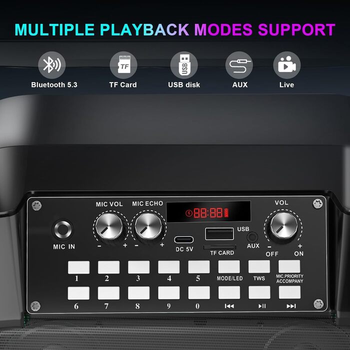 Караоке машина з Bluetooth, 2 мікрофонами, RGB-підсвічуванням та потужністю 30W