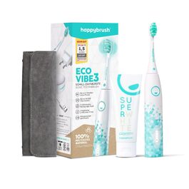 Електрична звукова зубна щітка Happybrush Eco Vibe 3 - Тест-переможець 2024 - 100 днів тестування. Включає чохол для подорожей та зубну пасту. White/Mint