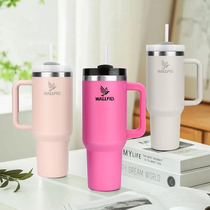 Термокружка WALLFID 40oz з нержавіючої сталі, вакуумна ізоляція, з кришкою, 3 трубочки та щітка для трубочок, для гарячих та холодних напоїв, ідеальна для кави, чаю, смузі та іншого (Рожева)