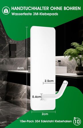 Набір тримачів для рушників без свердління, 10 шт., гачки самоклеючі з нержавіючої сталі 304, надміцні, для великих предметів, настінні гачки для ванної, туалету та кухні, стійкі до корозії, рушкові гачки (довші)