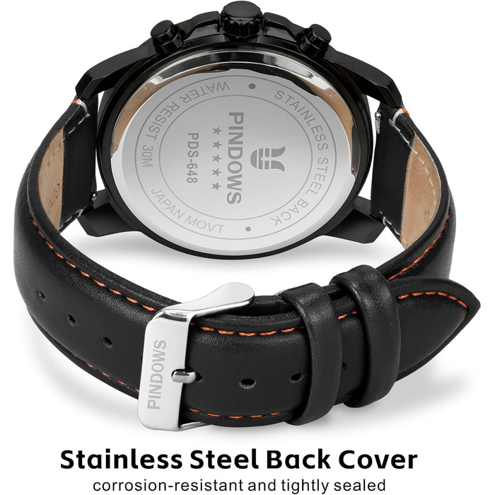 Чоловічий годинник PINDOWS з хронографом, кварцовий, аналоговий, водонепроникний, чорний корпус, чорний/коричневий ремінець, помаранчевий циферблат