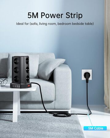 Смуга розподілу Sameriver на 12 розеток з кабелем 5м, 4 USB-порти, захист від перенапруги, чорний