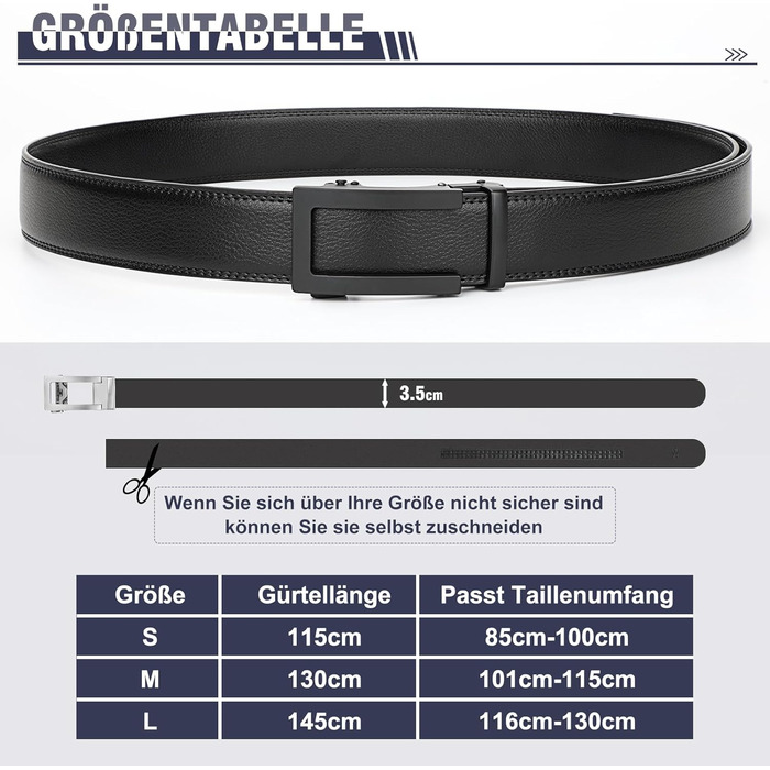 Чоловічий шкіряний ремінь JasGood з автоматичною застібкою, ширина 35 мм, чорний, 130 см (для талії 101-115 см)