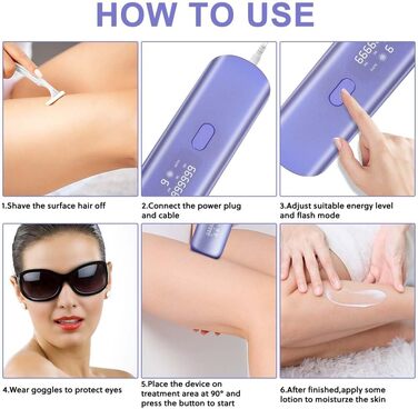 Епілятор ACWOO з системою охолодження, безболісне видалення волосся, лазерний епілятор з 3 функціями HR/SC/RA, 9 рівнів потужності для жінок/чоловіків, обличчя, руки, зона бікіні, тіло, ноги, білий (фіолетовий)