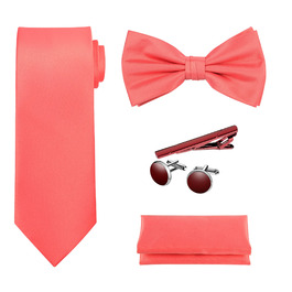 Набір краваток Tie G U Style (5 шт.) у подарунковій коробці: однотонні краватки, сатинова метелик, кишеньковий хустинка, реверс, краваткові застібки (Coral Black Box)