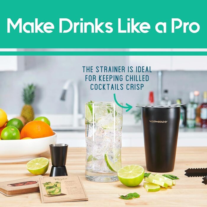 Набір для коктейлів 8 предметів - шейкер, мірний стакан, сито, ложка для перемішування, щипці, відкривачка для пляшок, дерев'яний підставка, рецепти для вечірок та свят (матова чорна поверхня, колір дерева)