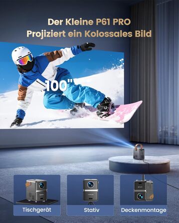 Mini проєктор Beamer 4K з WiFi 6, Dolby Audio та підтримкою Netflix | 1080P Full HD, інтегровані додатки, автоматичне фокусування, вертикальна корекція трапецеїдальних спотворень, короткофокусний, сріблясто-сірий