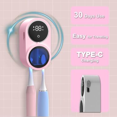 Biodzzs Wall-Mounted Toothbrush Holder and Cleaner, Smart Light Cleaning and Fan Drying, Automatic Rotating Cover, Toothbrush Case with Digital Screen, Portable, Blue (03 Pink)