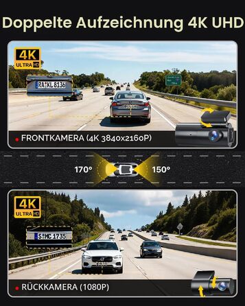 Автомобільний відеореєстратор GKU 4K+1080P (передній та задній), 5GHz WiFi, з картю пам'яті 64GB, глянцевий чорний