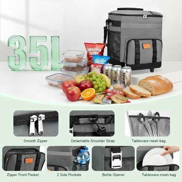 Термосумка-холодильник 35л з колесами, велика, складніша, для пікніків, кемпінгу, пляжу та BBQ, вологостійка