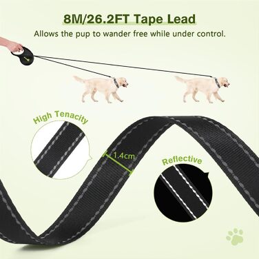 Рулетка для собак Pecute 8м, 50 кг, зелена, з антиковзним руків'ям та швидкою зупинкою