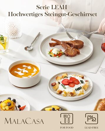 Набір посуду MALACASA з каменю (18 предметів) для 6 осіб, керамічний сервіз з глазур'ю 'сезам', білий з коричневим дном, набір тарілок та мисок