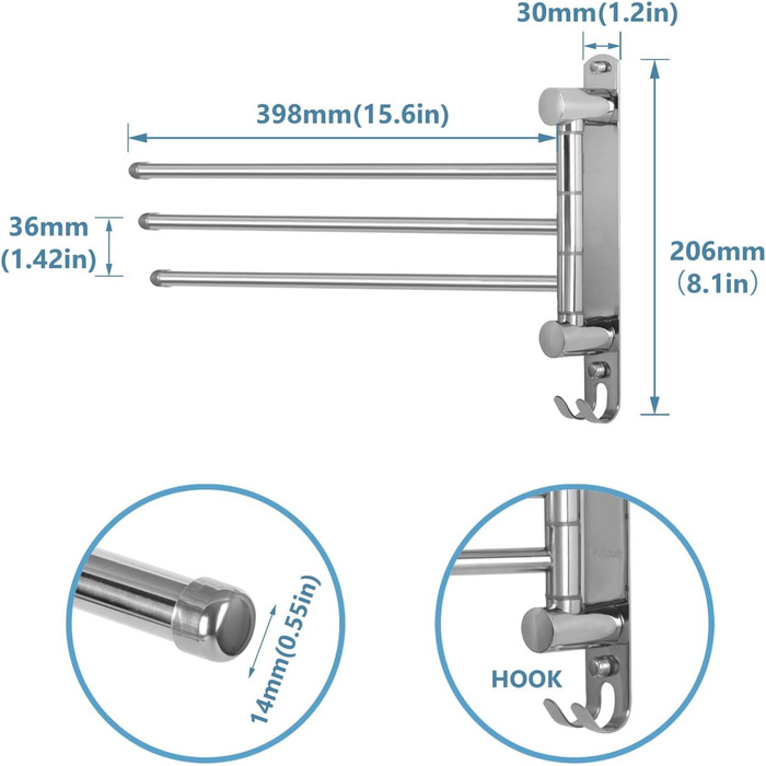 Тримач для рушників настінний поворотний 180° з нержавіючої сталі з 4-ма кріпленнями, для ванної, кухні та гардеробу, сріблястий