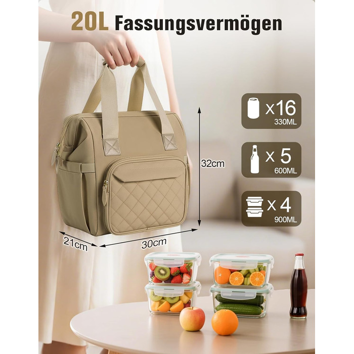 Термосумка 20 л, водонепроникна ізольована сумка/ланч-сумка з великим отвором, виготовлена з витокостійкого матеріалу PEVA, з кількома відділеннями та плечовим ременем – для роботи, школи, автомобіля, пікніка (Хакі)