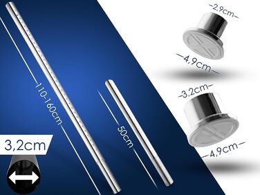 Штанга для душу без свердління 160-210 см, срібна, Ø 32 мм, телескопічна, з кріпленнями - для ванни, дверей, шафи. Нержавіюча сталь