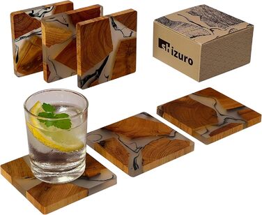 Shizuro Coasters made of wood, square - Set of 6 - Coasters for drinks, cups, mugs, glasses - Design, decor table coasters, real wood, epoxy resin, modern