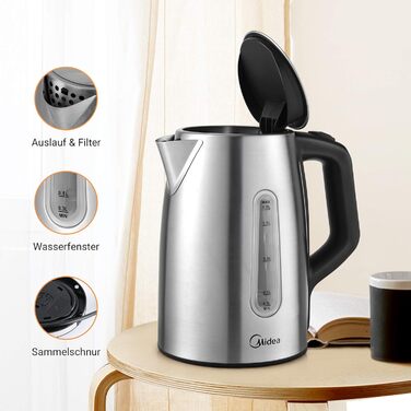 Midea 1.7L Electric Kettle - Stainless Steel, Fast Boil, LED Display, 360° Base, Boil Dry Protection