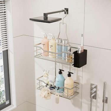 Настінна поличка для душу HapiRm з 4 гачками - регульована, для шампуню та мила, нержавіюча сталь (Sand Nickel)