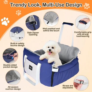 Автокрісло для собак 3-в-1 – переносна ліжко для маленьких собак, з розкладною поверхнею, м'яким матрацом, для переднього або заднього сидіння, внутрішнє та зовнішнє використання (04-Blau)