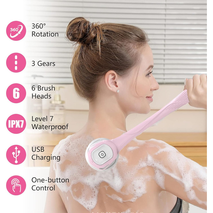 Electric Duschbürste (Shower Brush), Electric Back Brush with Long Handle, Back Brush Shower Massage Brush with 6 Cleaning Heads, Bath Brush for Spa Shower Peeling Massage Brush (Pink)