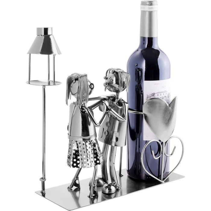 BRUBAKER Wine Bottle Holder, Loving Couple with Lantern for Tealight - Metal Sculpture Bottle Stand - 26.5 cm - Wine Gift for Couples, Pair Gift - with Greeting Card