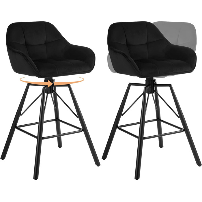 WOLTU 2-Piece Velvet Bar Stool Set with Backrest - Swivel, Padded, Metal Frame - Bistro & Counter Height Stools