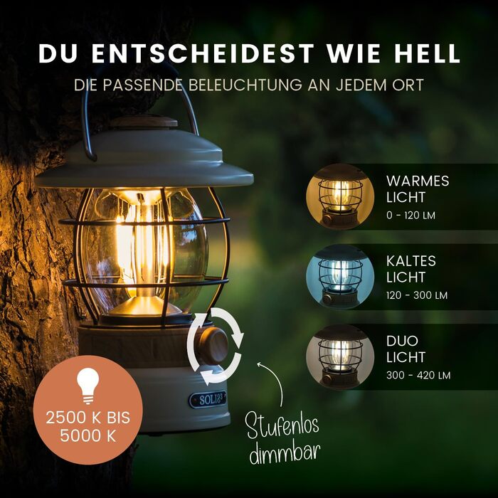 Castra Camping Gear Solis 3 Camping Lamp, 8000mAh Rechargeable Battery with Integrated Power Bank, Dimmable Light, IP44 Waterproof Outdoor LED Lantern, Light for Hiking (Cream White (Wood Effect))