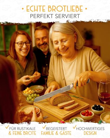 Ніж для хліба KRUSTENZAUBER з хвилястим лезом 20 см, великий ніж для хліба з довговічної нержавіючої сталі для точного та легкого нарізання, пиляльний ніж для хліба та булочок (26 см, дерев'яний грифель)