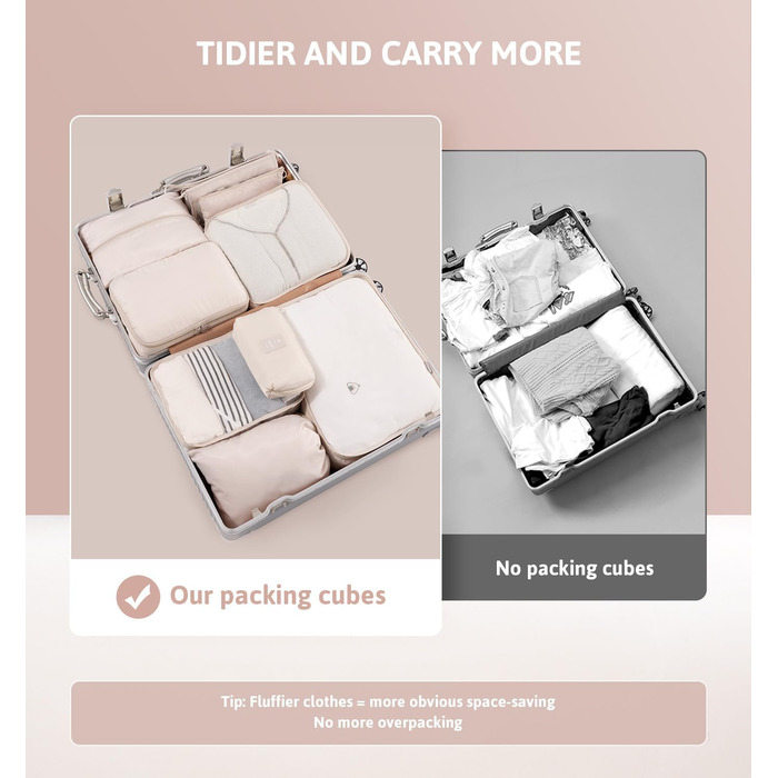 Органайзер для валізи Meowoo, 8-кількість, набір кубиків для пакування, для подорожей та бізнесу, з кишенями для одягу, для зберігання багажу, система організації (Бежевий-9шт)