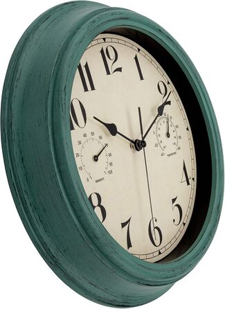Foxtop Funk Wall Clock, Indoor Outdoor Weatherproof Wall Clock with Temperature Display and Hygrometer, No Ticking Sound Silent Retro Clock for Terrace Bathroom Kitchen Living Room Home Decor (Bronze, 30cm) (Green)