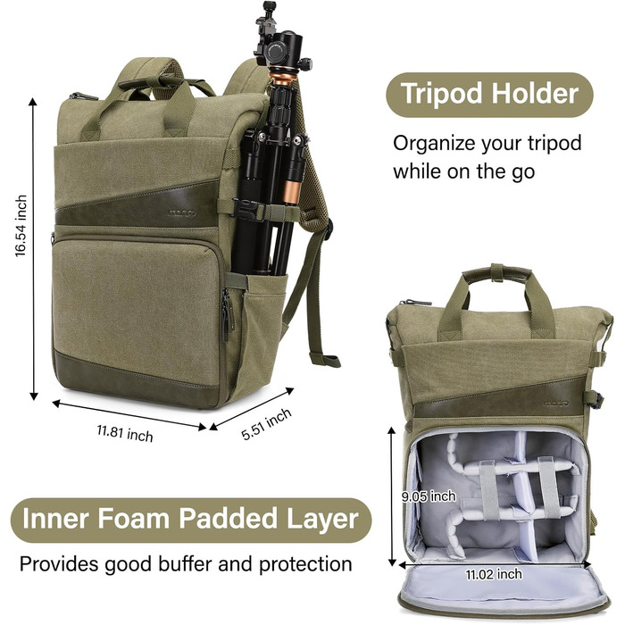MOSISO Рюкзак для камери, DSLR/SLR/беззеркальна камера, відділення для штатива та 15-16 дюймовий ноутбук, ручка з PU, фоторюкзак з канвасу, сумісний з Canon/Nikon/Sony, оливковий жовтий