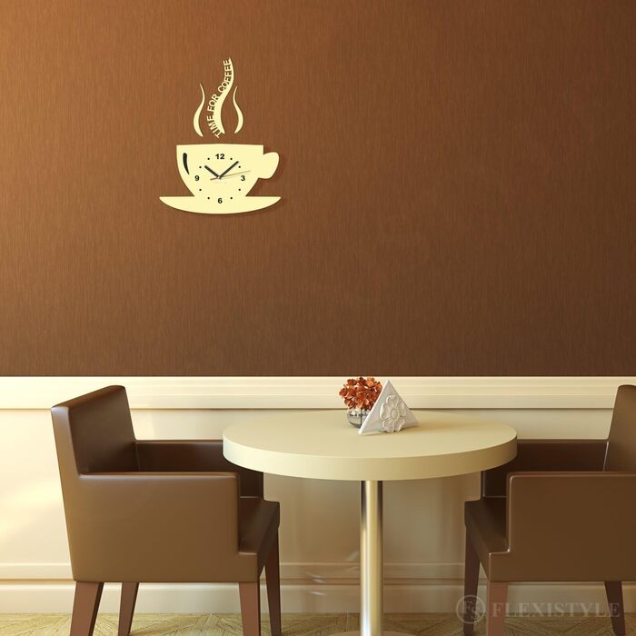 FLEXISTYLE Coffee Time Mug Clock, Modern Kitchen Wall Clock, 3D Roman Numerals, Wall Clock Décor, 32 x 19 cm (32 x 19 cm, Vanilla, Ecru)