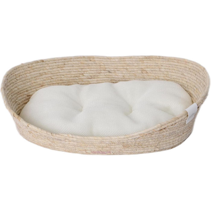 Кругле ліжко Dehner Premium Lovely для котів та собак, 58 x 48 x 18 см, наповнювач з натуральних матеріалів та плюшу, білий/бежевий колір