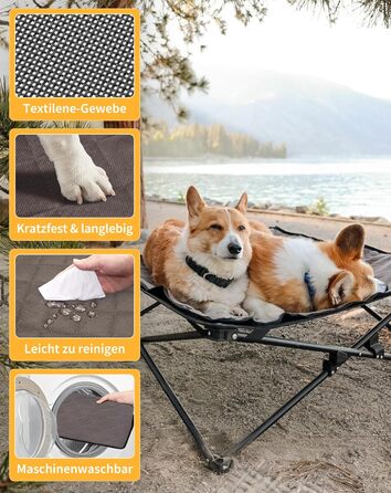 КінгКемп Лежанка для собак - портативна, з дихаючою сіткою та замшевим килимком, чорна, 57x57x23 см (77x77x30 см)