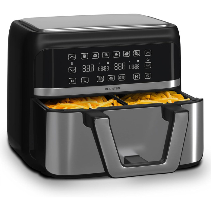 Klarstein Hot Air Fryer, Air Fryer with 2 Chambers, 2850W Compact Hot Air Fryer, 9L Air Fryer with Touch Control Panel, Timer, Preheating, 6 Modes, Large Hot Air Fryer, Air Fryer XL Black Duo Elegance