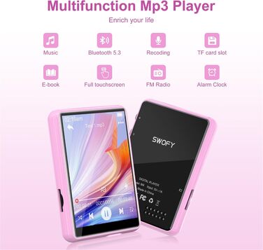 MP3 плеєр SWOFY з Bluetooth 5.3, 64ГБ, HiFi звук, вбудований динамік, FM-радіо та диктофон, 2.4