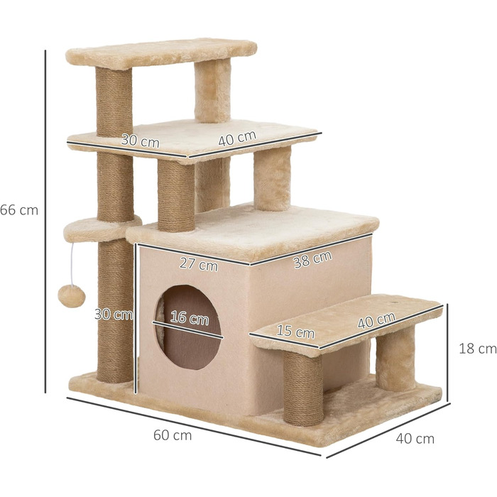 Сходинка для собак та котів PawHut з 3/4 ступенів, 66 см, з гніздом, м'ячиком, для середніх тварин, підходить для ліжка, дивану, бежевого кольору