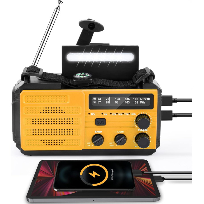 Сонячне радіо Kurbelradio 8000mAh з ручним заводом, AM/FM, динамо, радіо для надзвичайних ситуацій, ліхтарик LED, компас, IPX3, оранжевий
