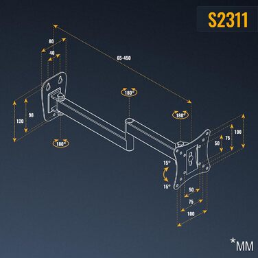 Кріплення для монітора на стіну RICOO S1211: поворотне, для моніторів 13-34 дюймів, VESA 75x100, підходить для вигнутих моніторів та ПК