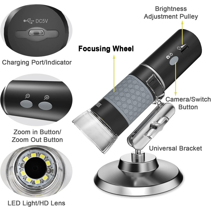 Цифровий мікроскоп Bysameyee 4K з бездротовим підключенням, 40x-1000x збільшення, USB ендоскоп для інспекції, сумісний з iPhone, iPad, Android, Windows, Mac, PC