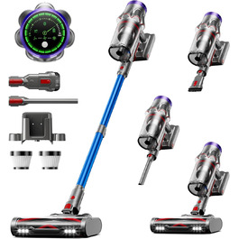 Бездротовий акумуляторний пилосос 48000Pa/580W/65Min, об'єм 1,8L з функцією від'єднання пилу, антизаплутана щітка, 8-ступенева фільтрація. Підходить для килимів, шерсті тварин та твердих поверхонь. Колір: блакитний